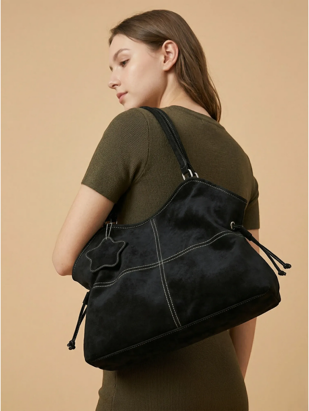 Sac a Main de Cours en Similicuir Surpiqué Noir
