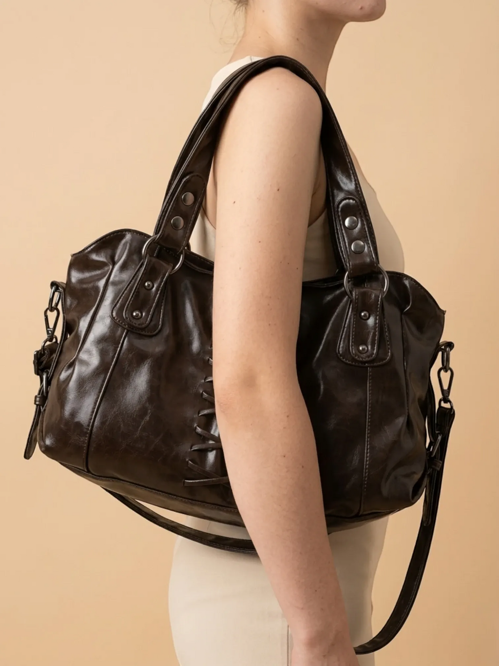 Sac a Main de Cours Lanière Rétro Café