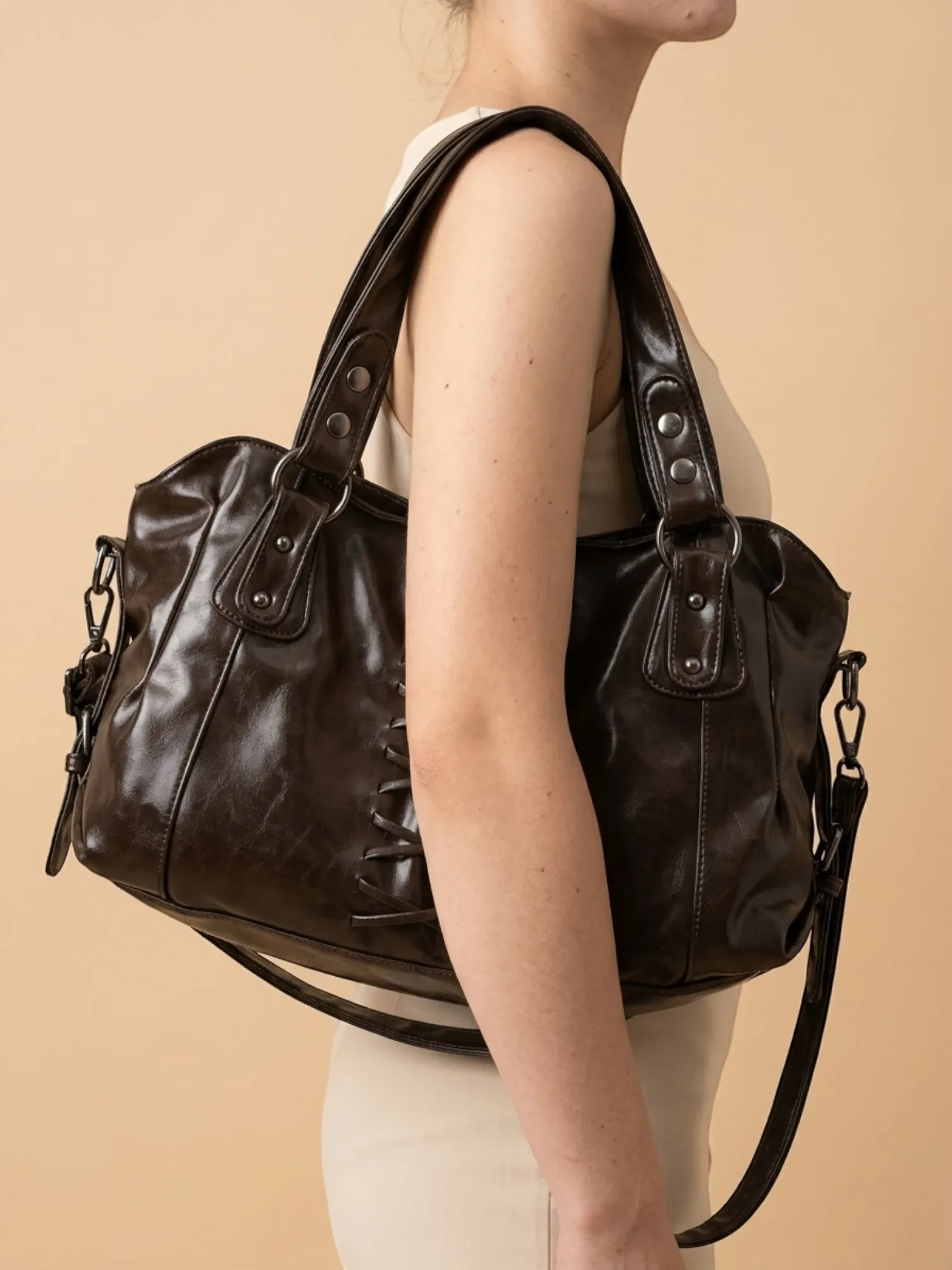 Sac a Main de Cours Lanière Rétro Café