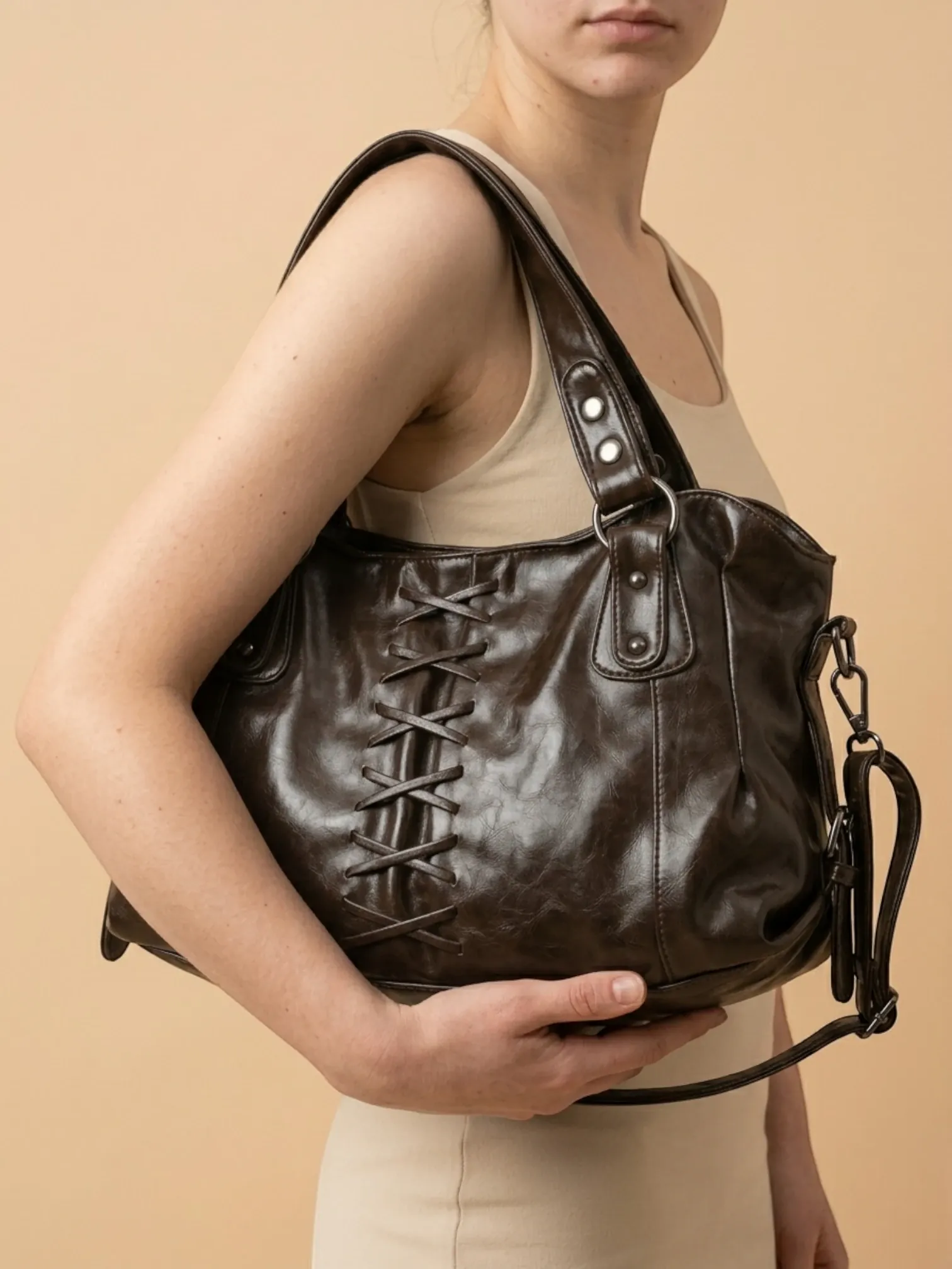 Sac a Main de Cours Lanière Rétro Café