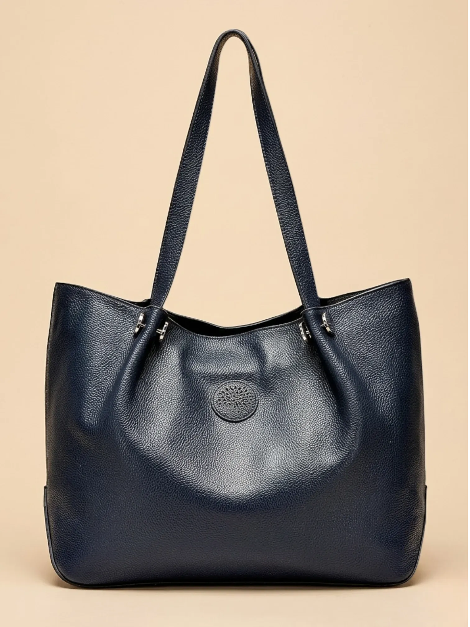 Sac a main de Cours Large en Cuir Grainé Bleu