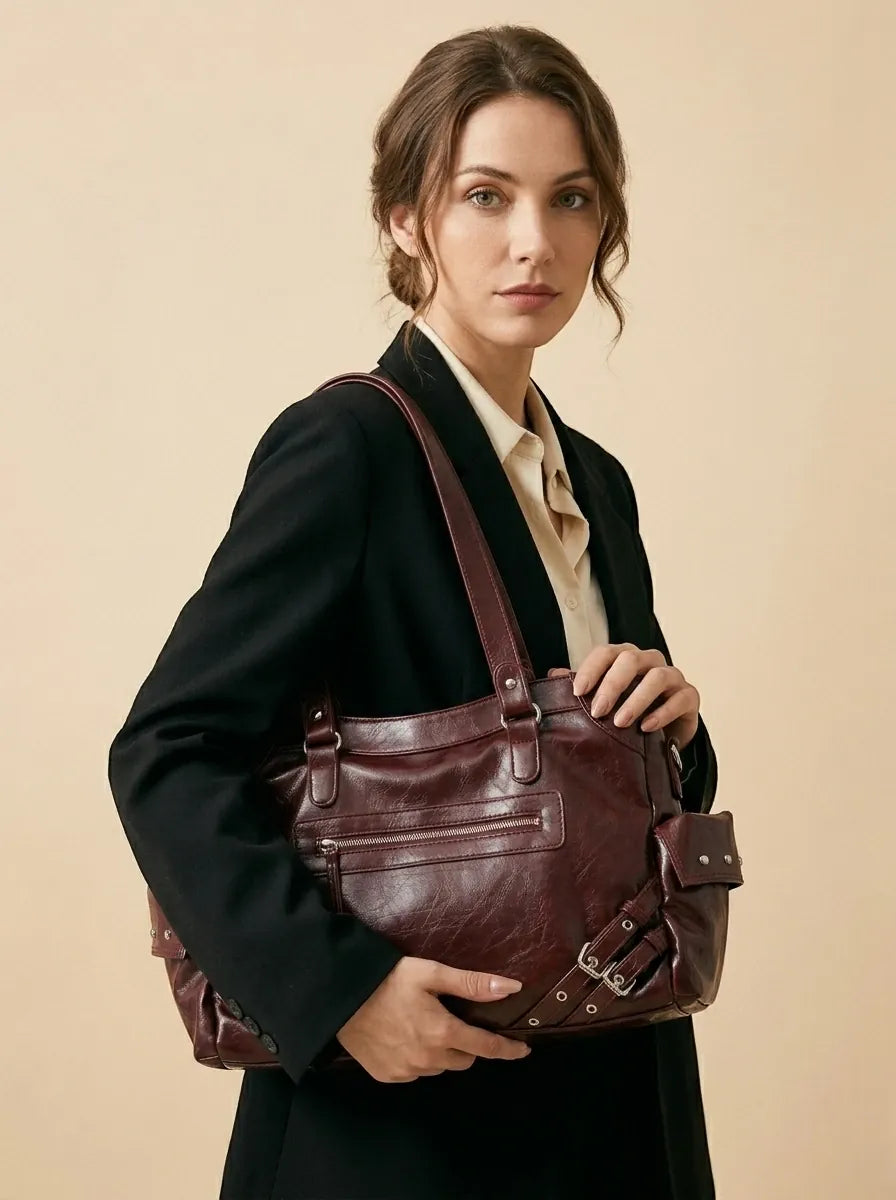 Sac a Main de Cours Rétro en Cuir Vegan Acajou