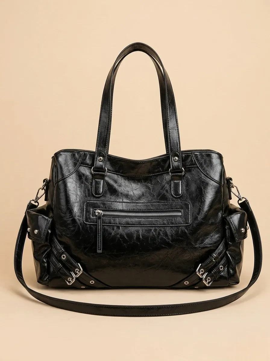 Sac a Main de Cours Rétro en Cuir Vegan Noir