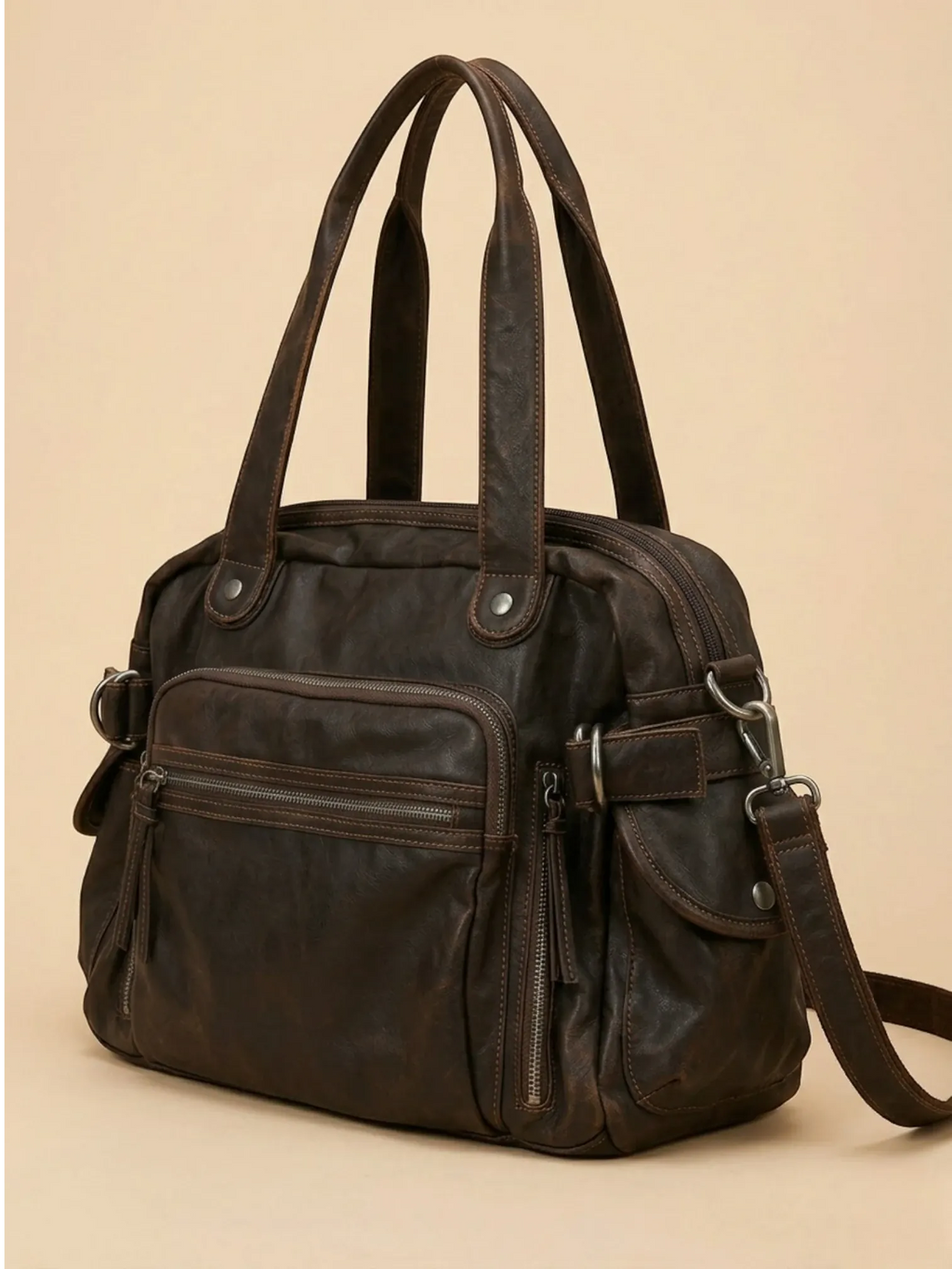 Sac Bandoulière de Cours en Simili Vintage Marron
