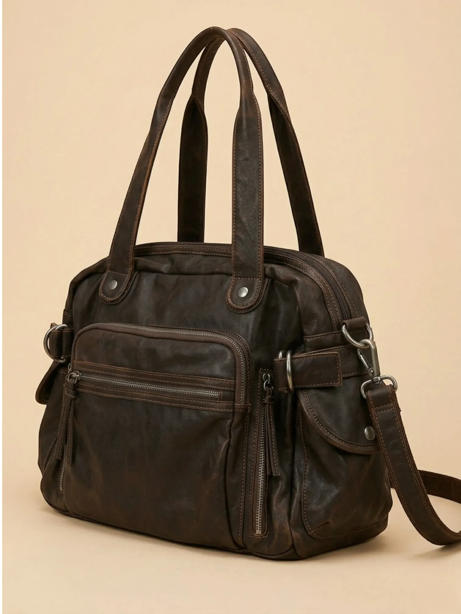 Sac Bandoulière de Cours en Simili Vintage Marron