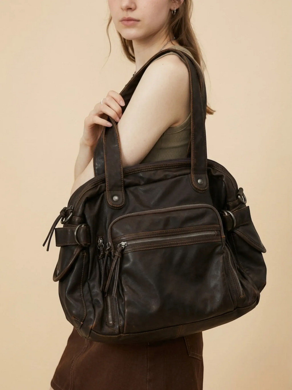 Sac Bandoulière de Cours en Simili Vintage Marron