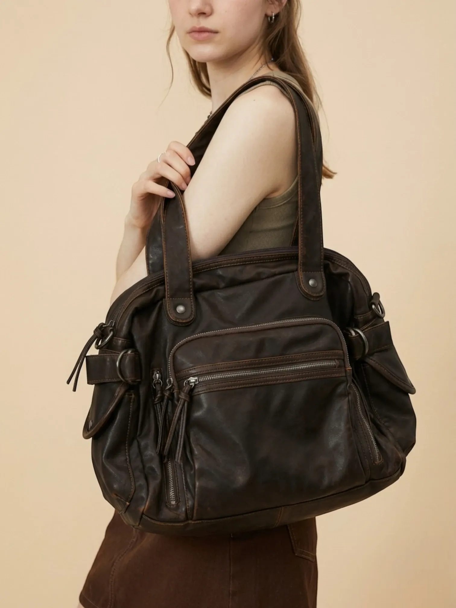 Sac Bandoulière de Cours en Simili Vintage Marron
