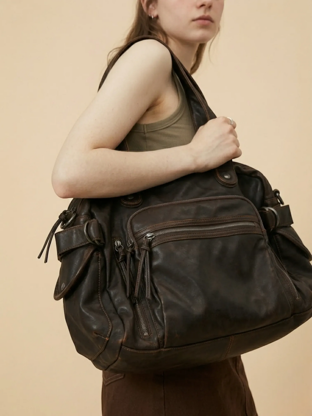 Sac Bandoulière de Cours en Simili Vintage Marron
