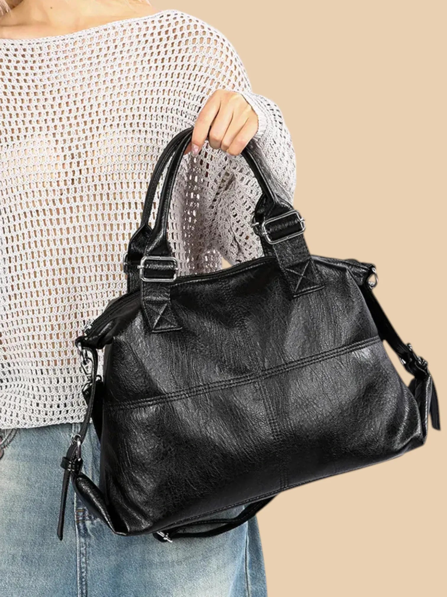 Sac Cabas Aviateur en Similicuir Noir