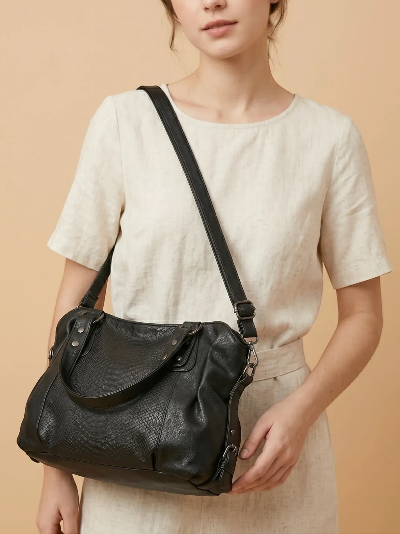 Sac Cabas de Cours Cuir Vegan Croco Noir