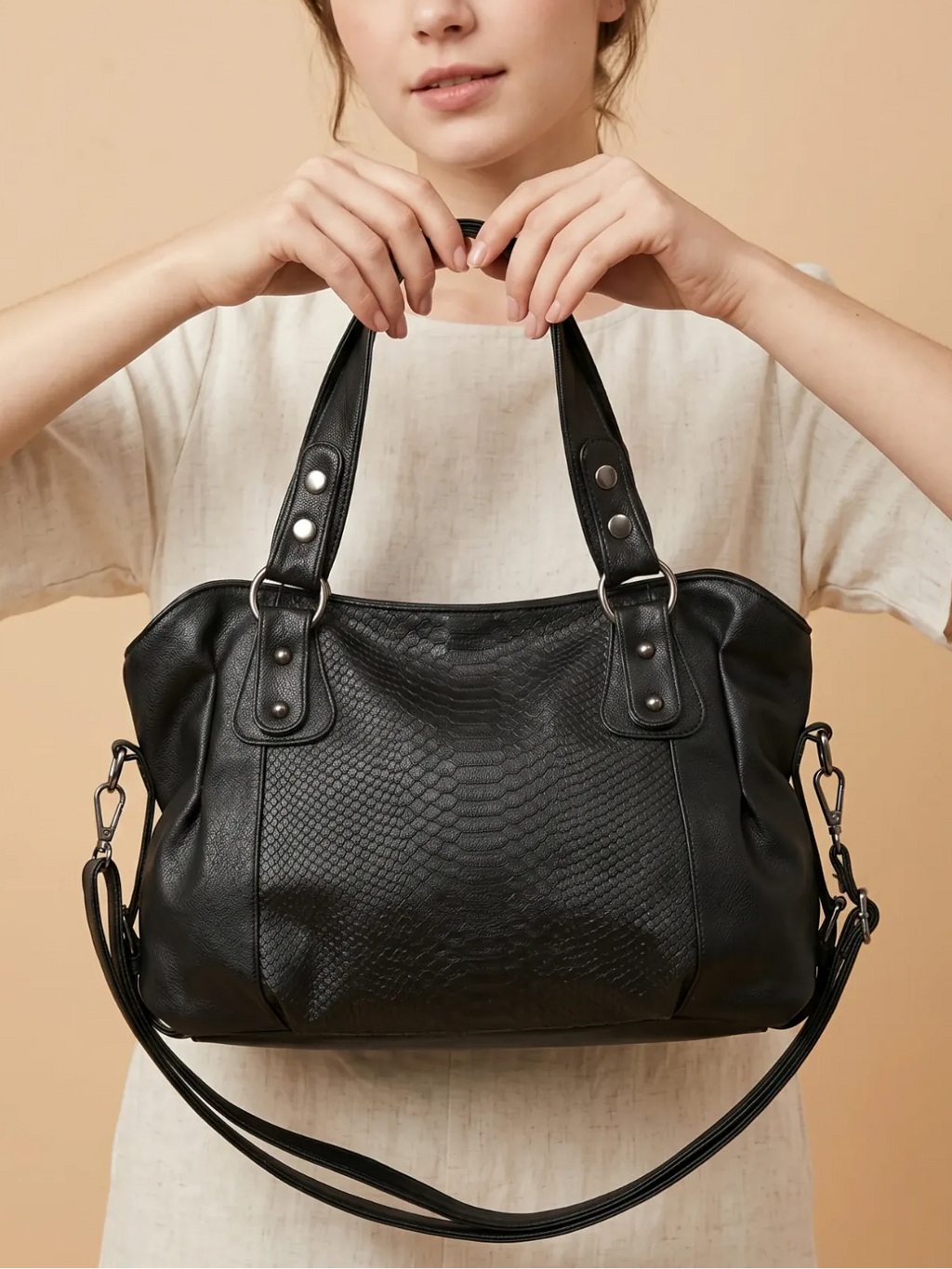 Sac Cabas de Cours Cuir Vegan Croco Noir
