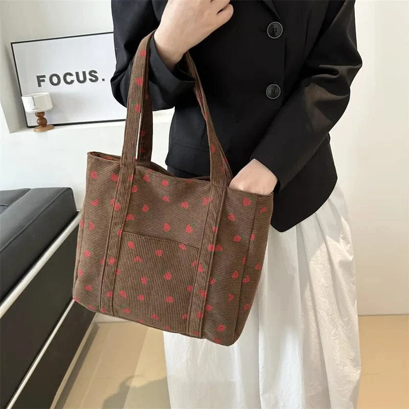Sac Cabas de Cours en Velours Fraise