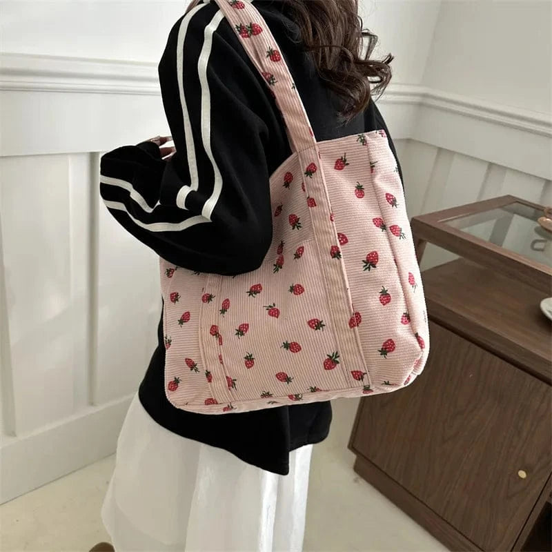 Sac Cabas de Cours en Velours Fraise