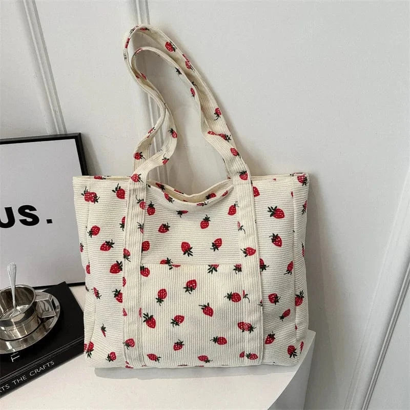 Sac Cabas de Cours en Velours Fraise Blanc