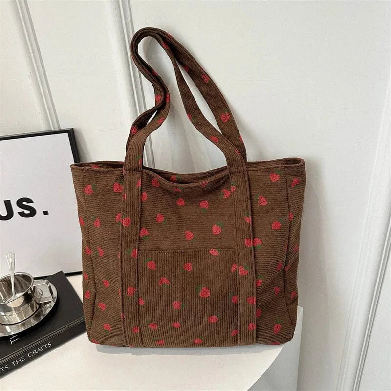 Sac Cabas de Cours en Velours Fraise Marron