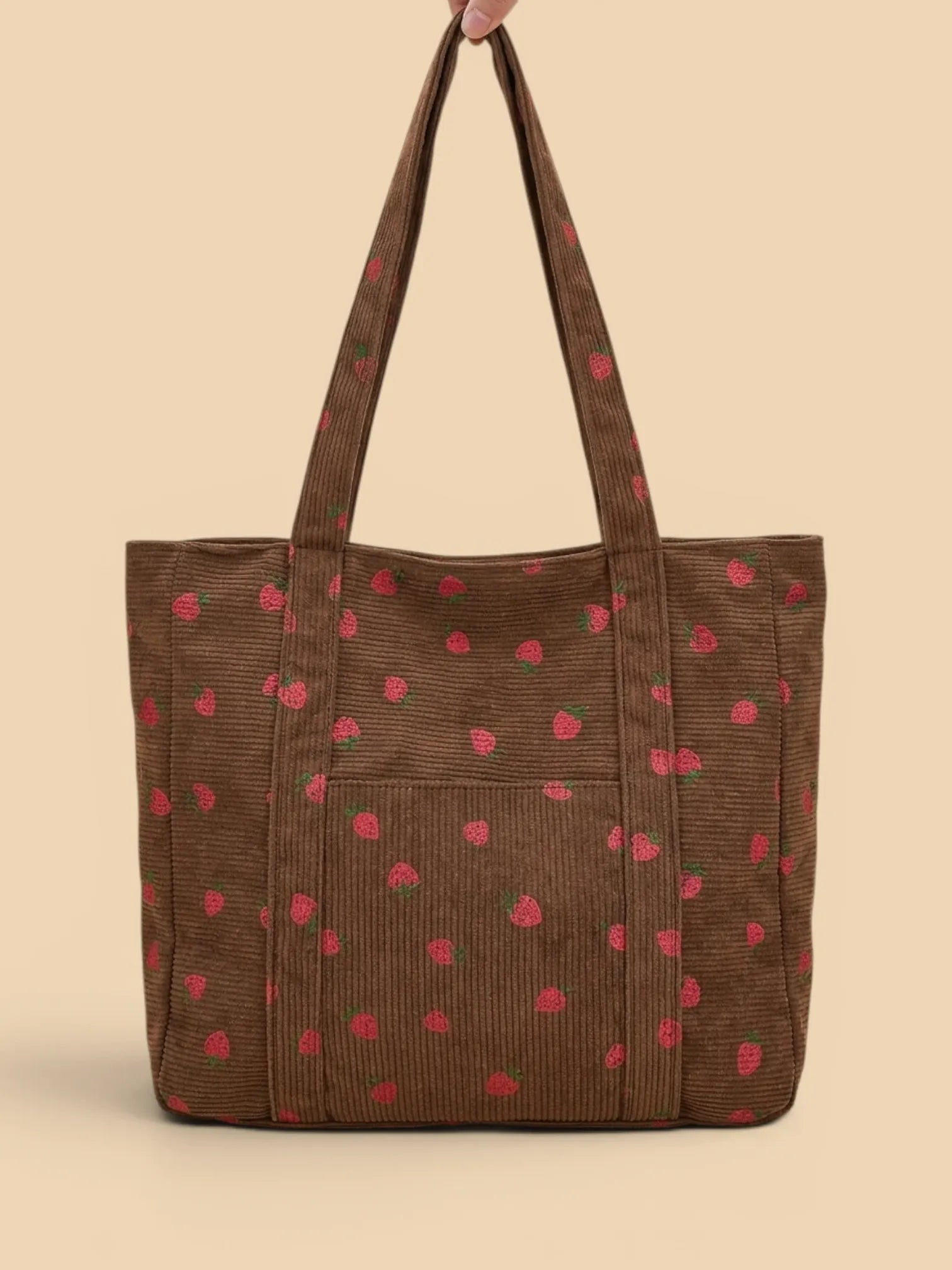 Sac Cabas de Cours en Velours Fraise Marron