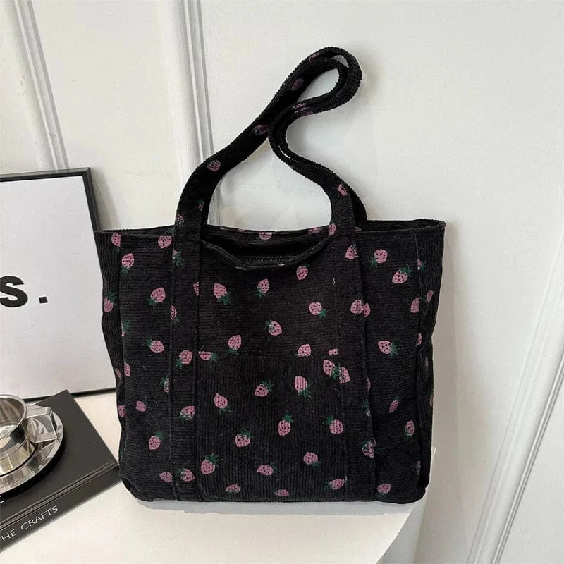 Sac Cabas de Cours en Velours Fraise Noir