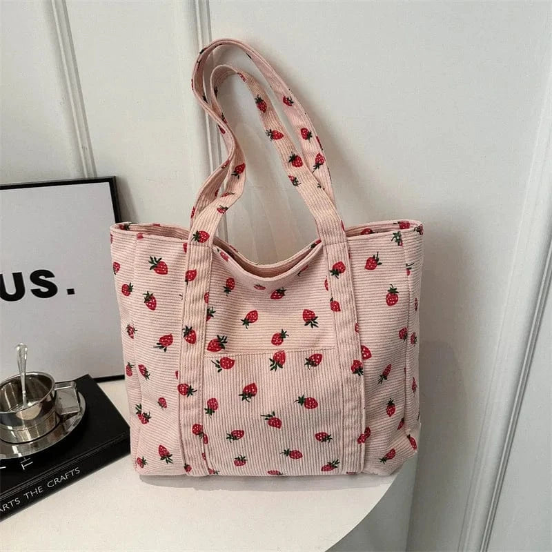 Sac Cabas de Cours en Velours Fraise Rose