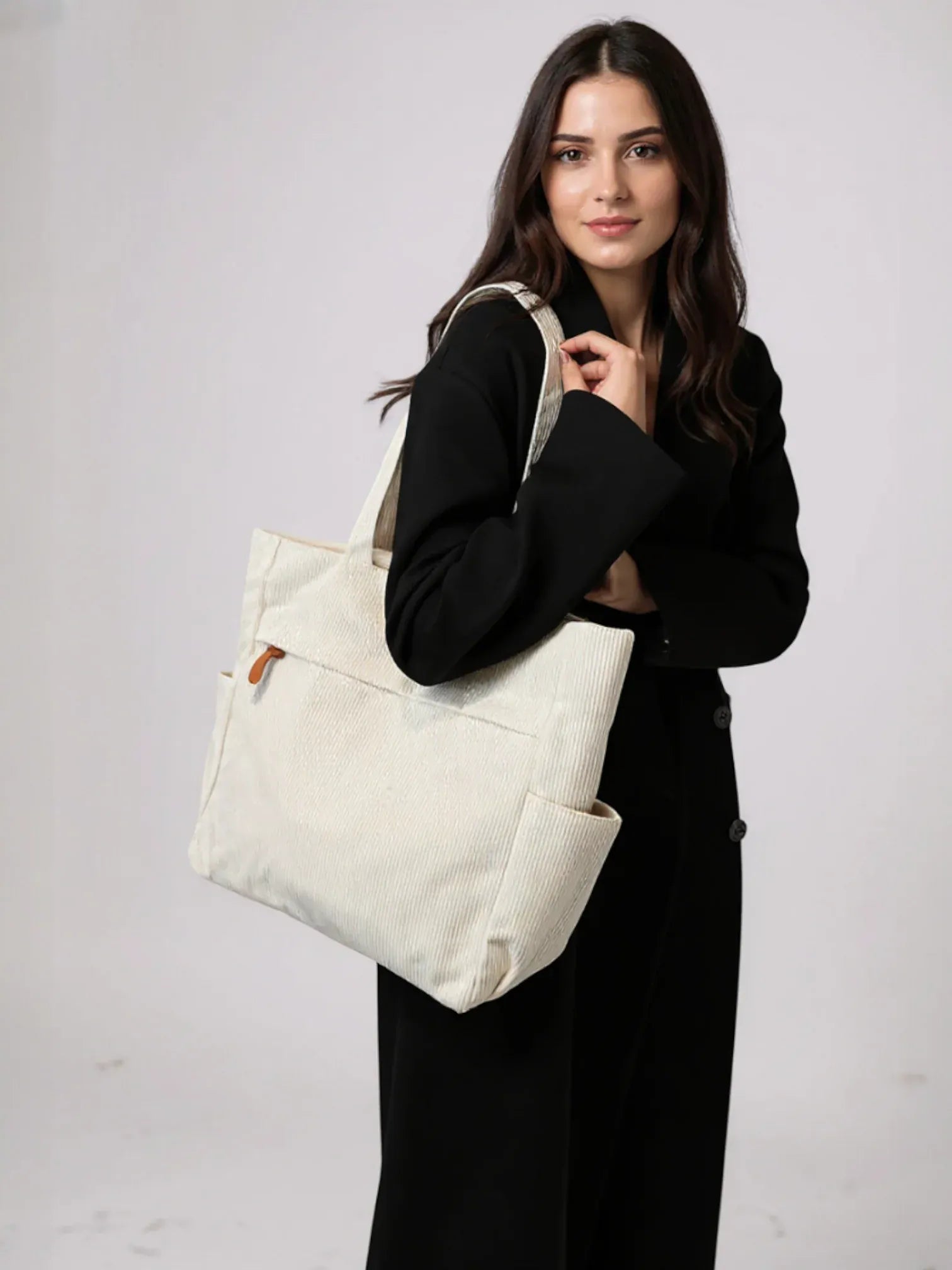 Sac Cabas Duo en Velours Côtelé avec Pochette Blanc