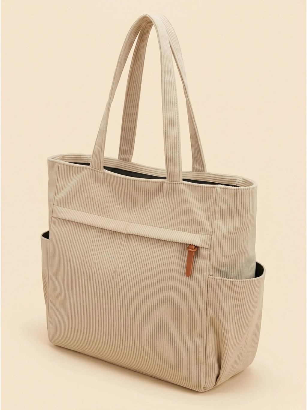 Sac Cabas Duo en Velours Côtelé avec Pochette Crème