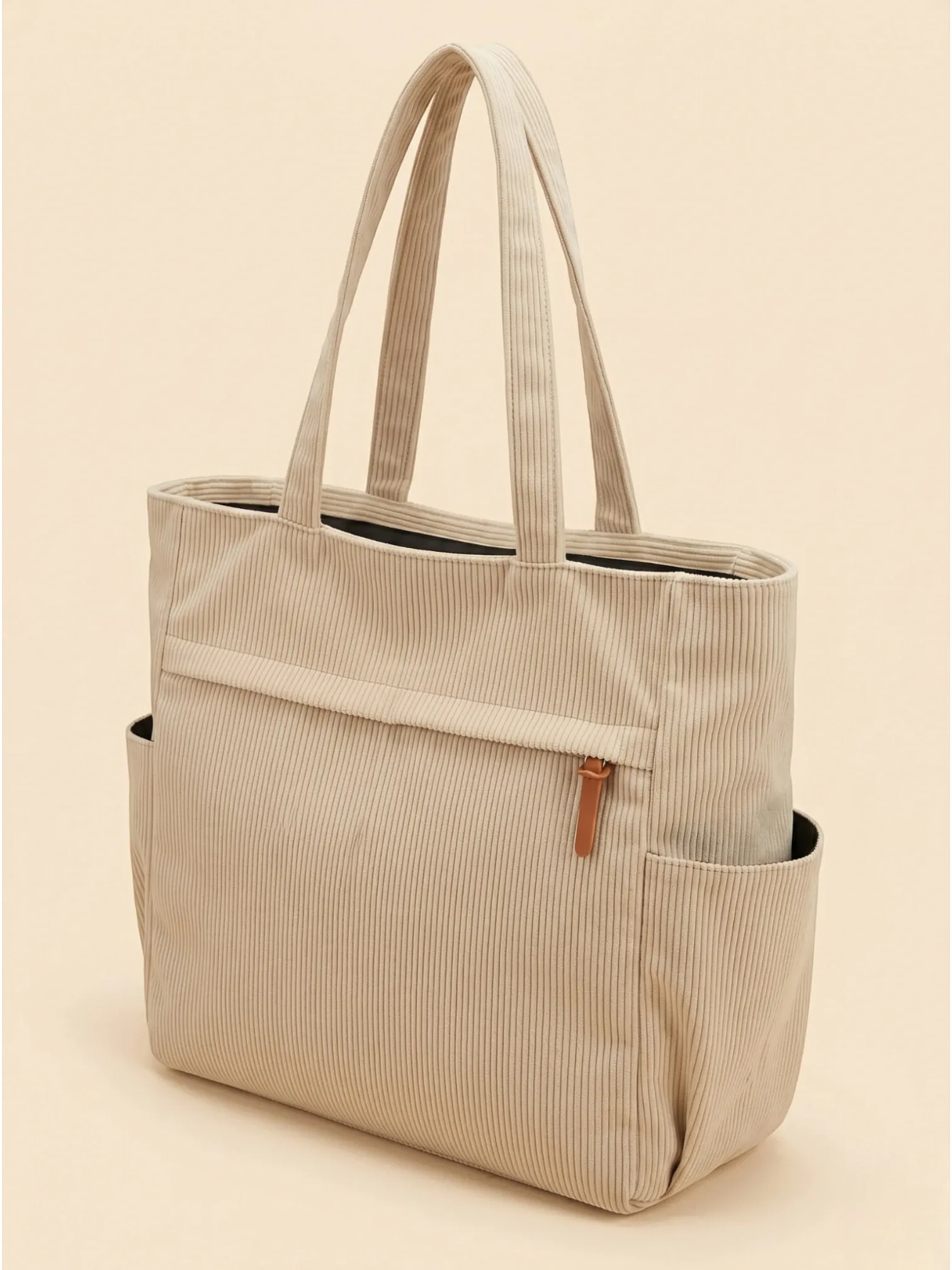 Sac Cabas Duo en Velours Côtelé avec Pochette Crème