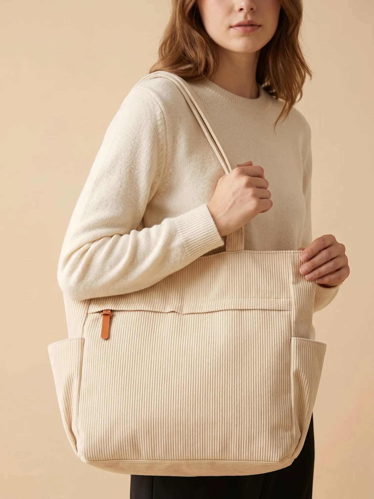 Sac Cabas Duo en Velours Côtelé avec Pochette Crème