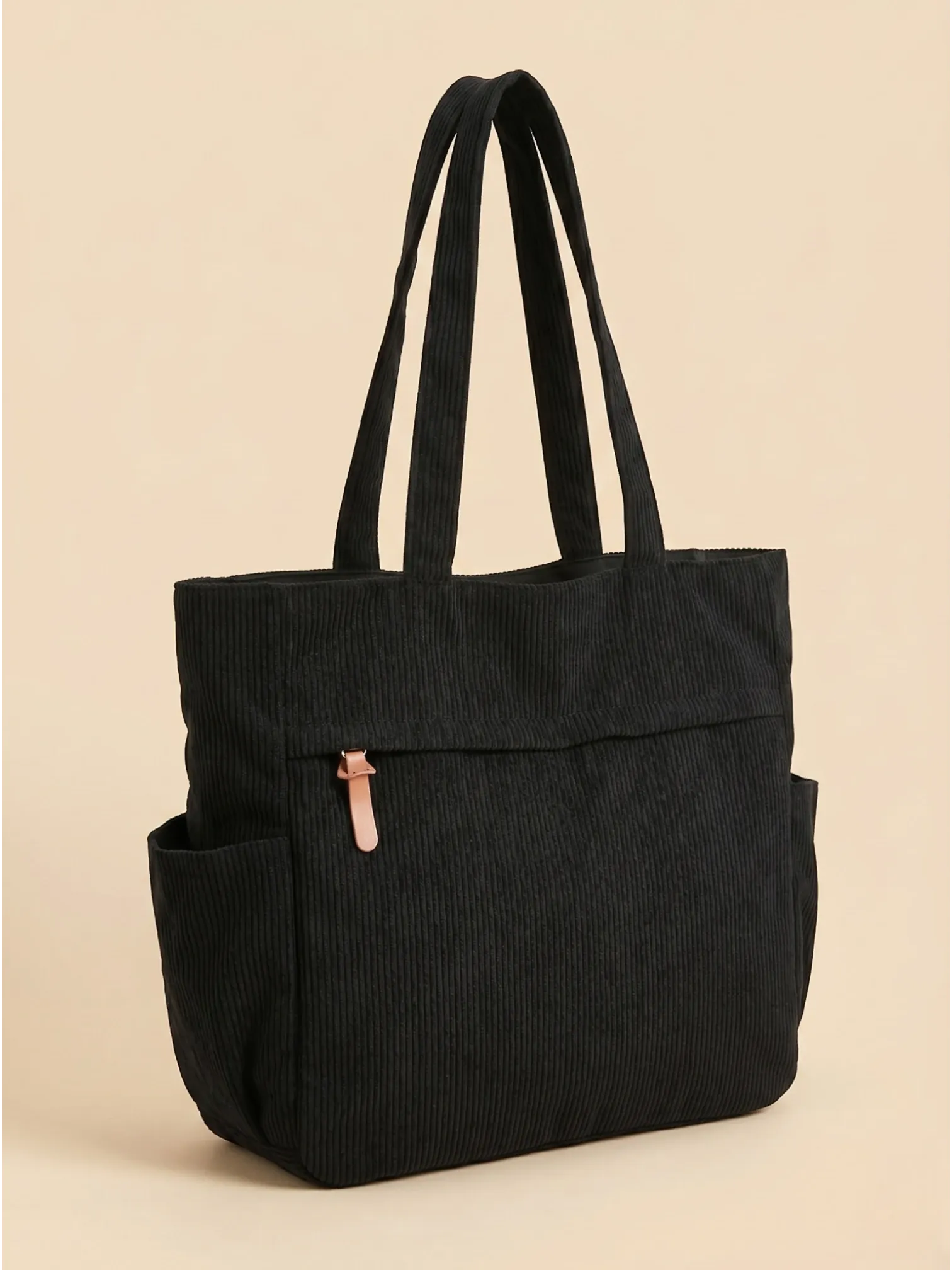 Sac Cabas Duo en Velours Côtelé avec Pochette Noir