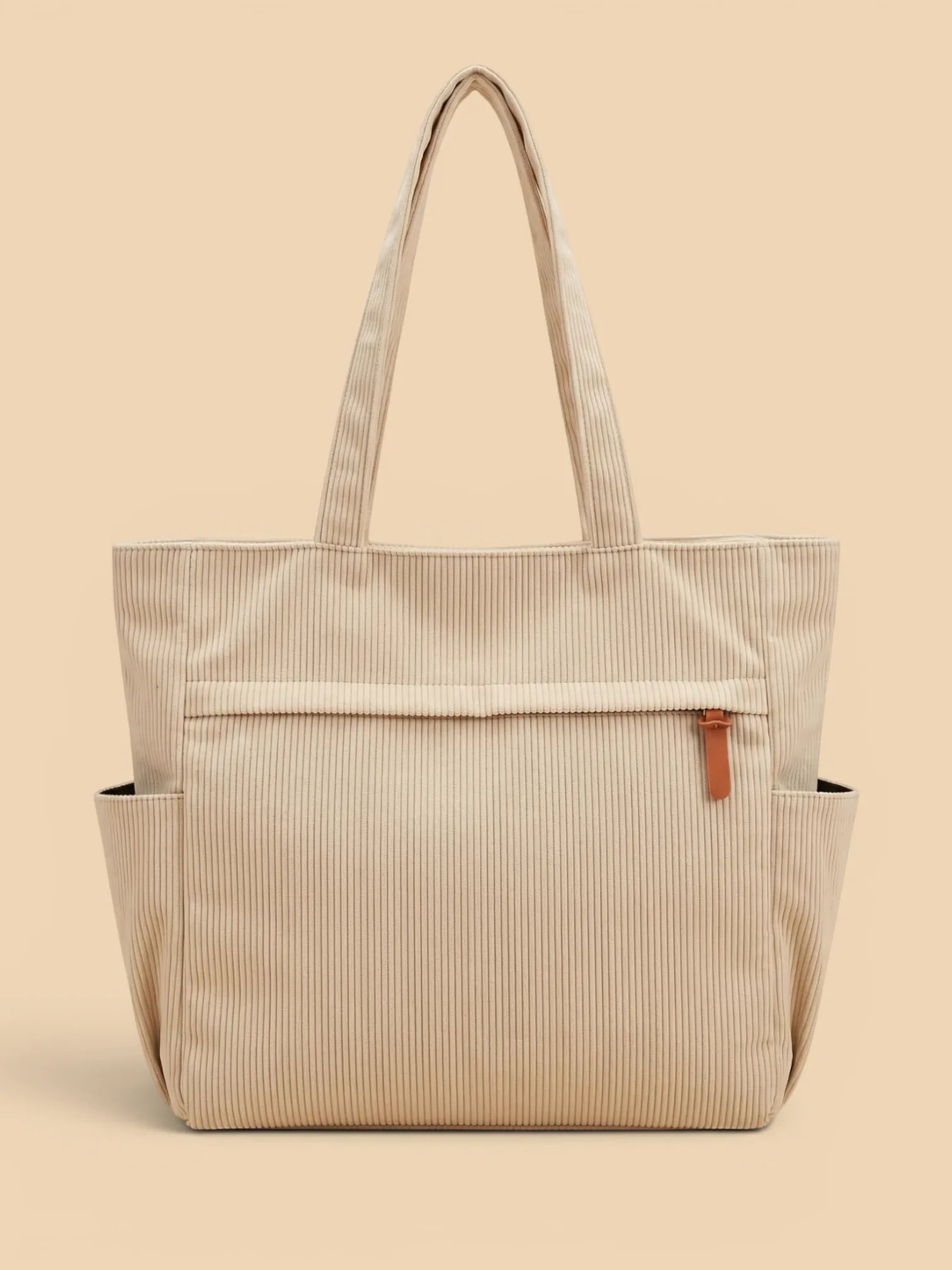 Sac Cabas Duo en Velours Côtelé avec Pochette Crème