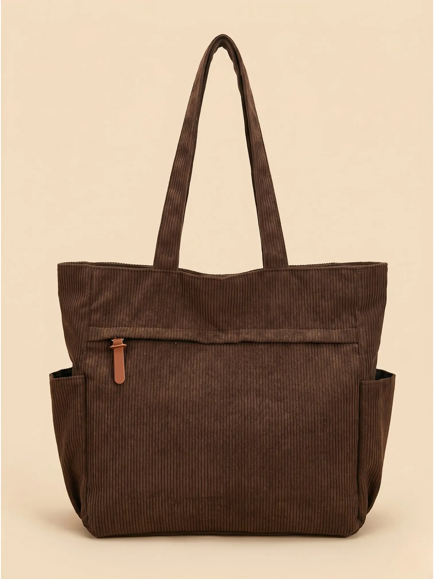 Sac Cabas Duo en Velours Côtelé avec Pochette Marron