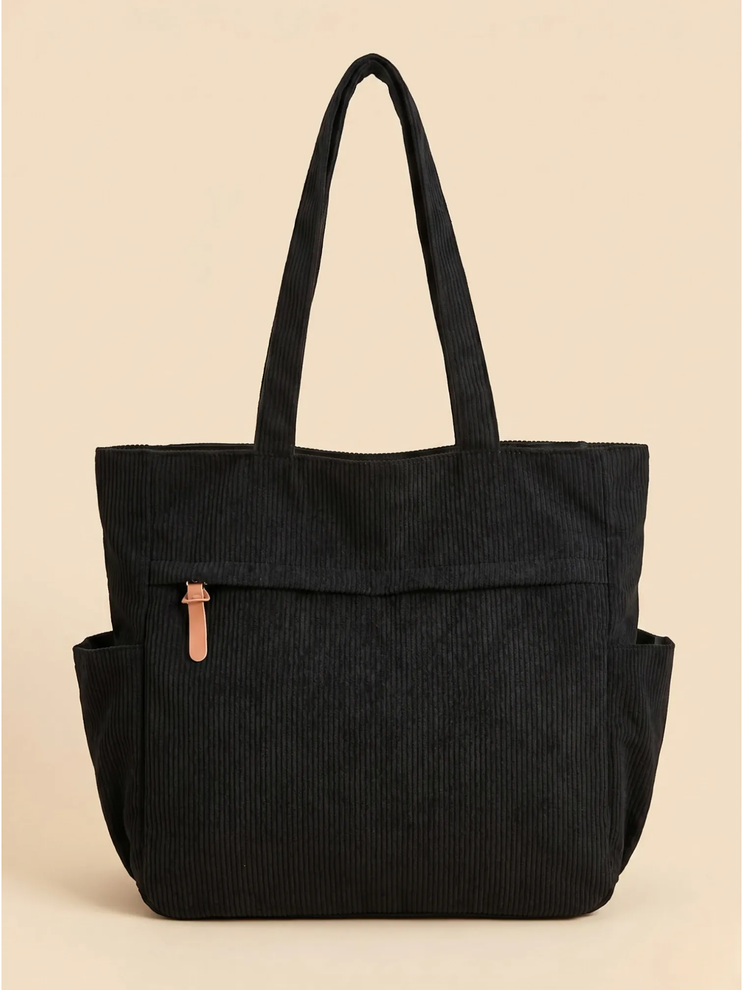 Sac Cabas Duo en Velours Côtelé avec Pochette Noir