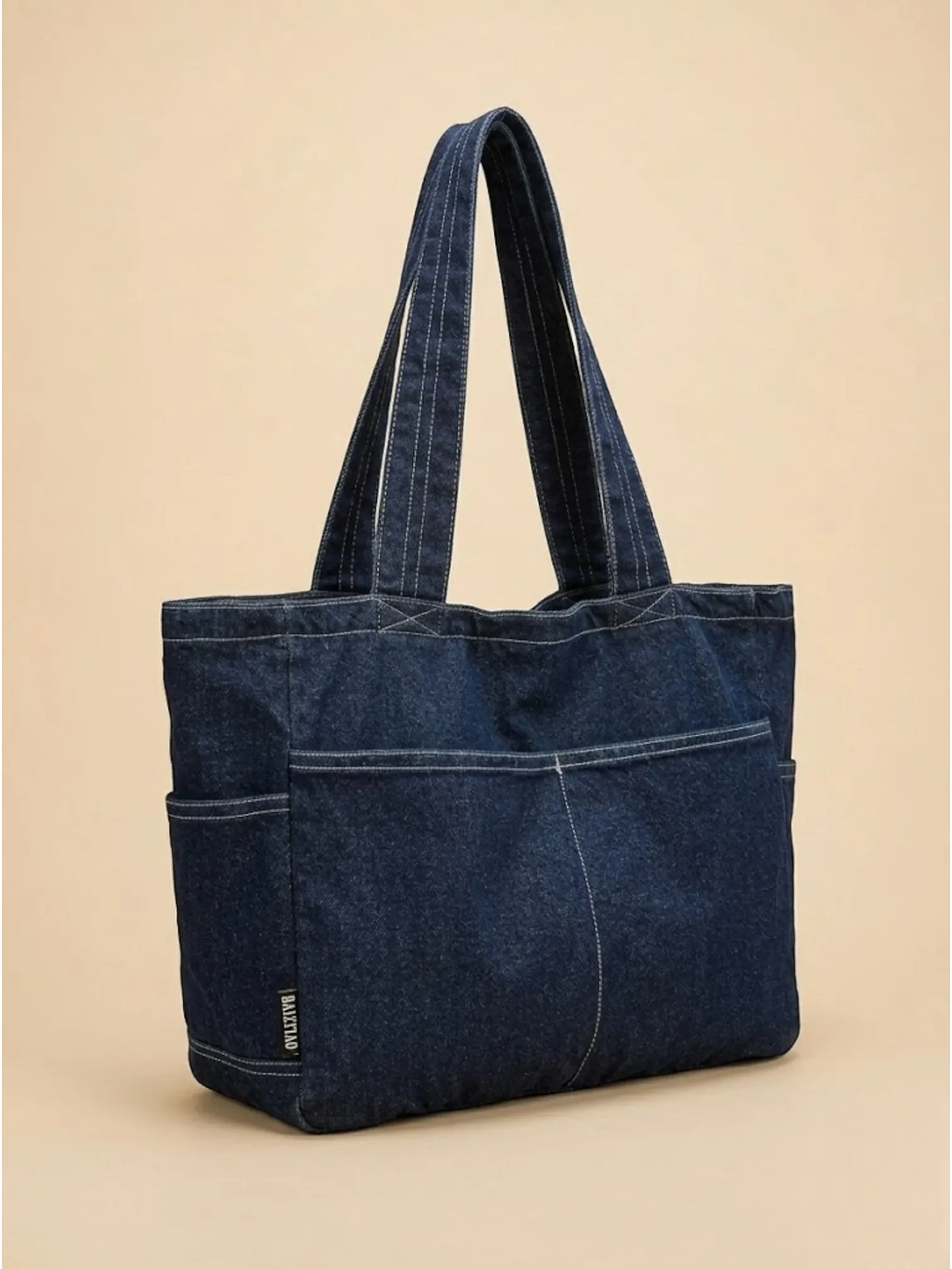 Sac Cabas en Jeans Vintage Zippé Bleu Foncé