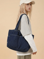 Sac Cabas en Jeans Vintage Zippé Bleu Foncé
