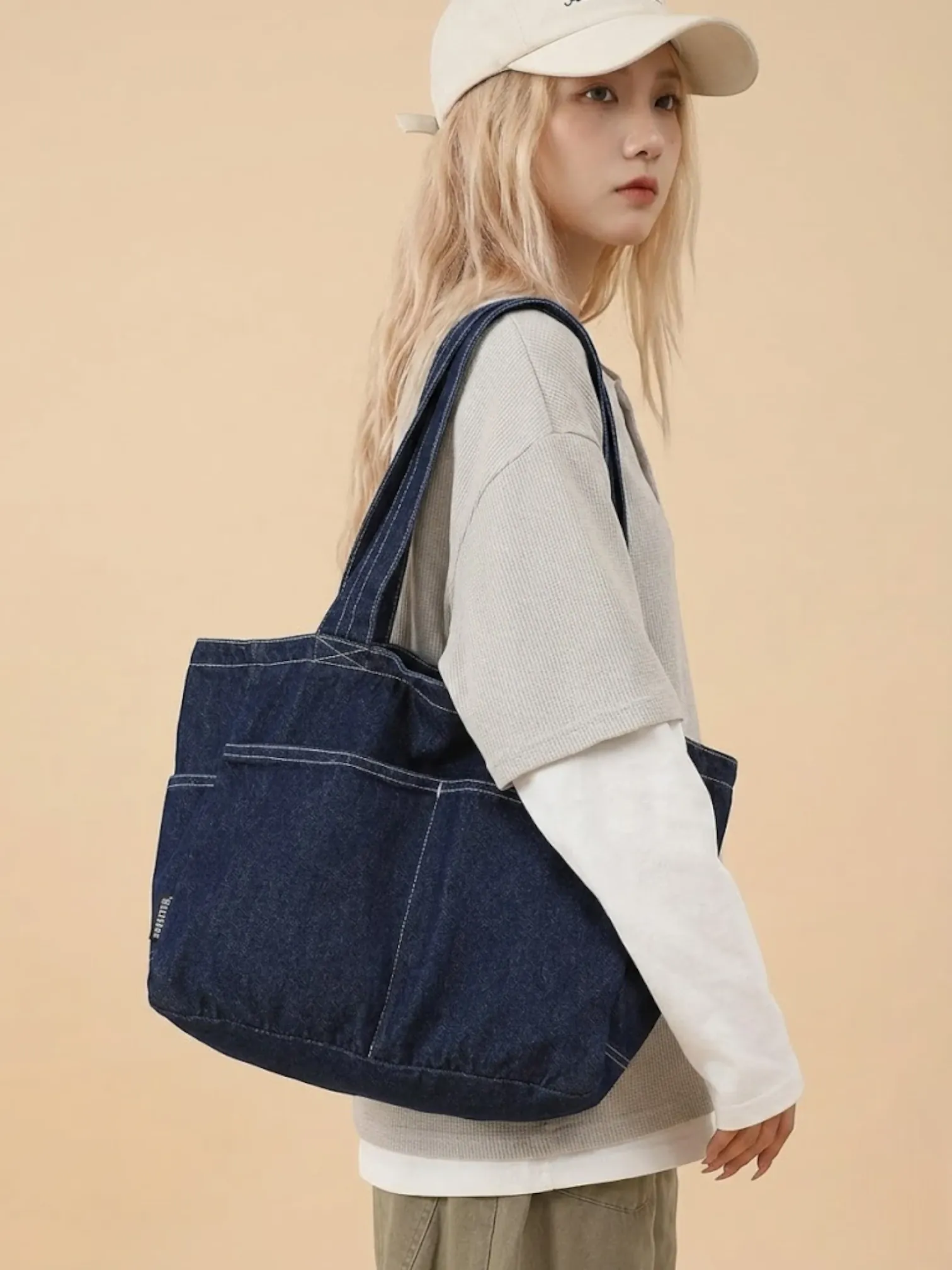 Sac Cabas en Jeans Vintage Zippé Bleu Foncé