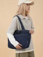 Sac Cabas en Jeans Vintage Zippé Bleu Foncé
