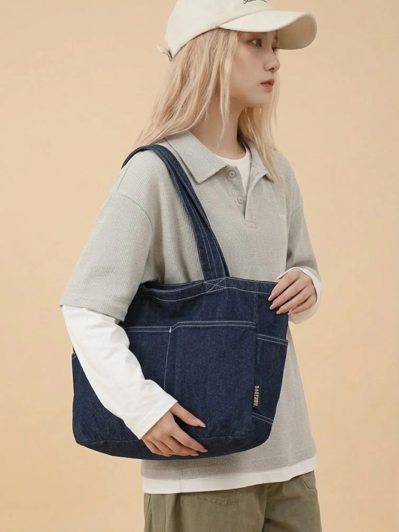 Sac Cabas en Jeans Vintage Zippé Bleu Foncé