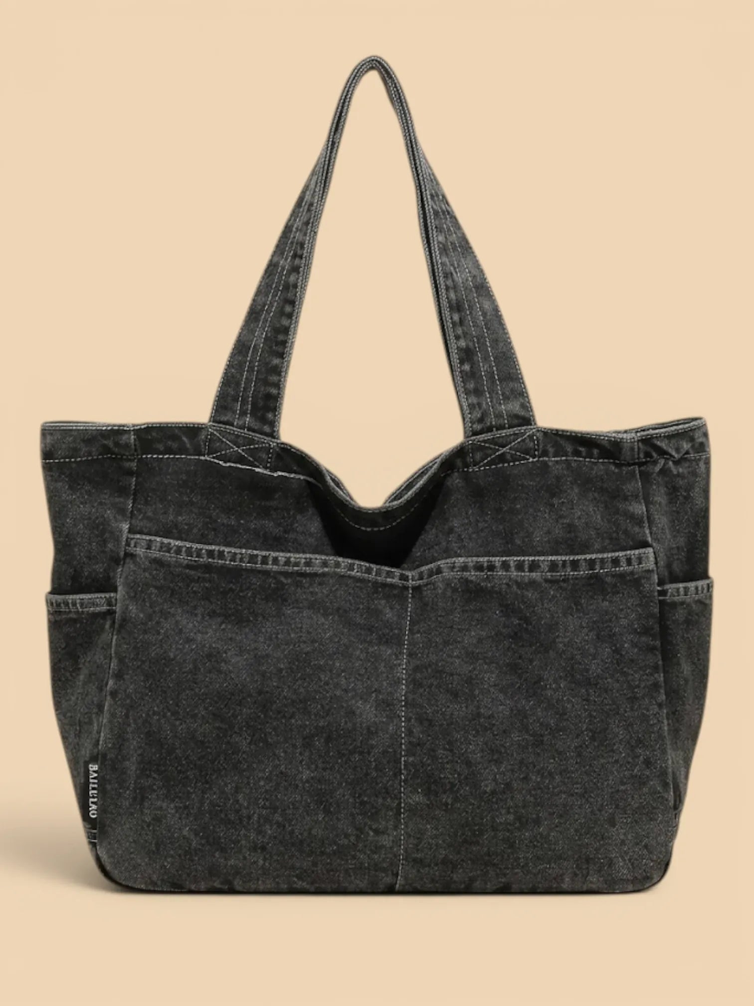 Sac Cabas en Jeans Vintage Zippé Noir