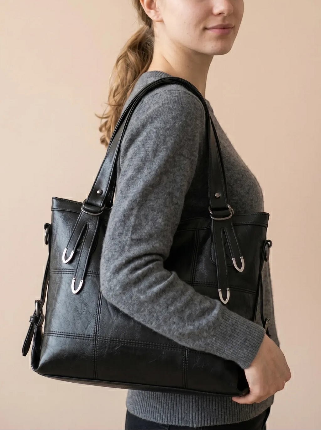 Sac Cabas Femme Cuir Vegan Souple Quotidien Noir