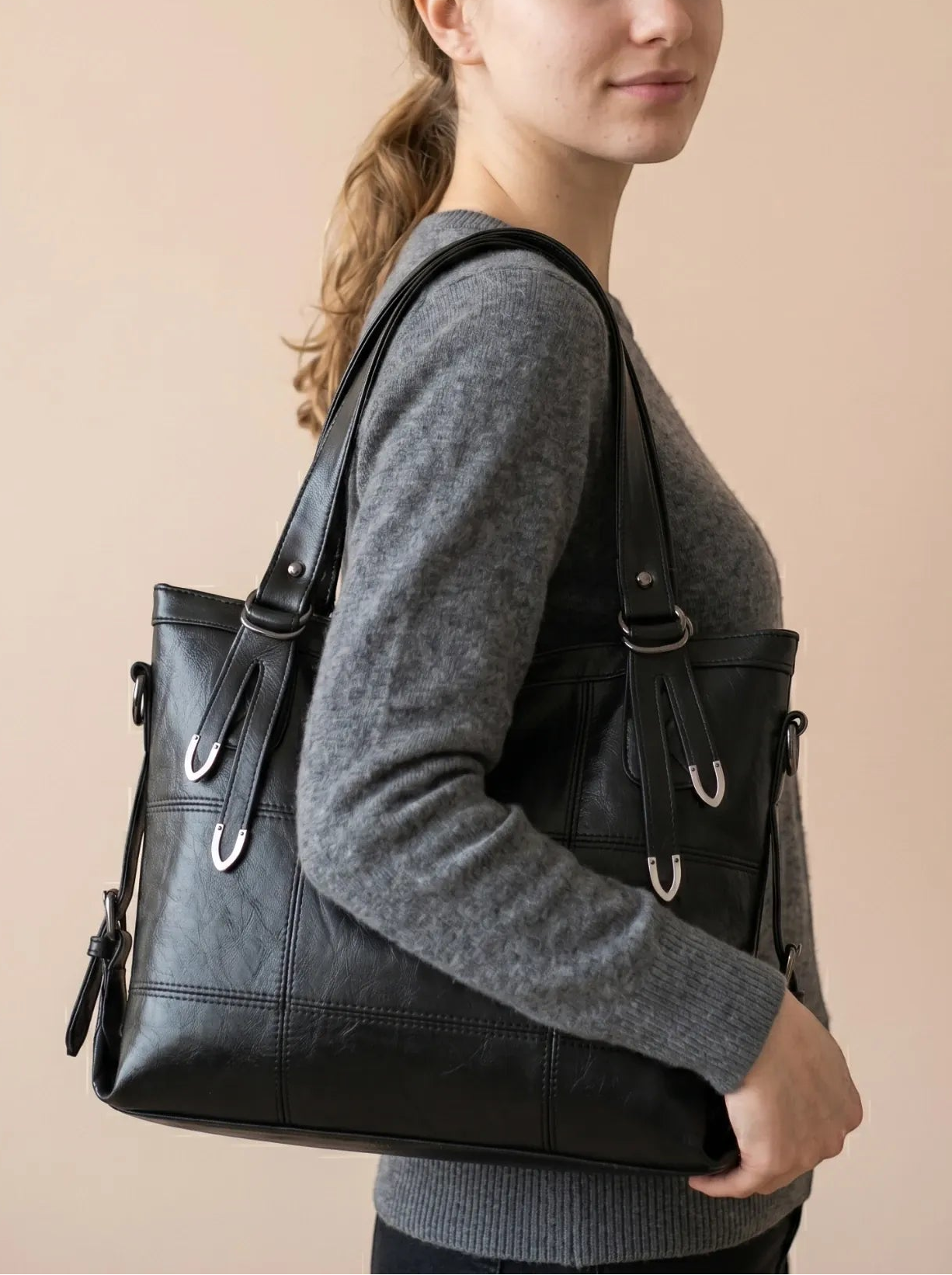 Sac Cabas Femme Cuir Vegan Souple Quotidien Noir