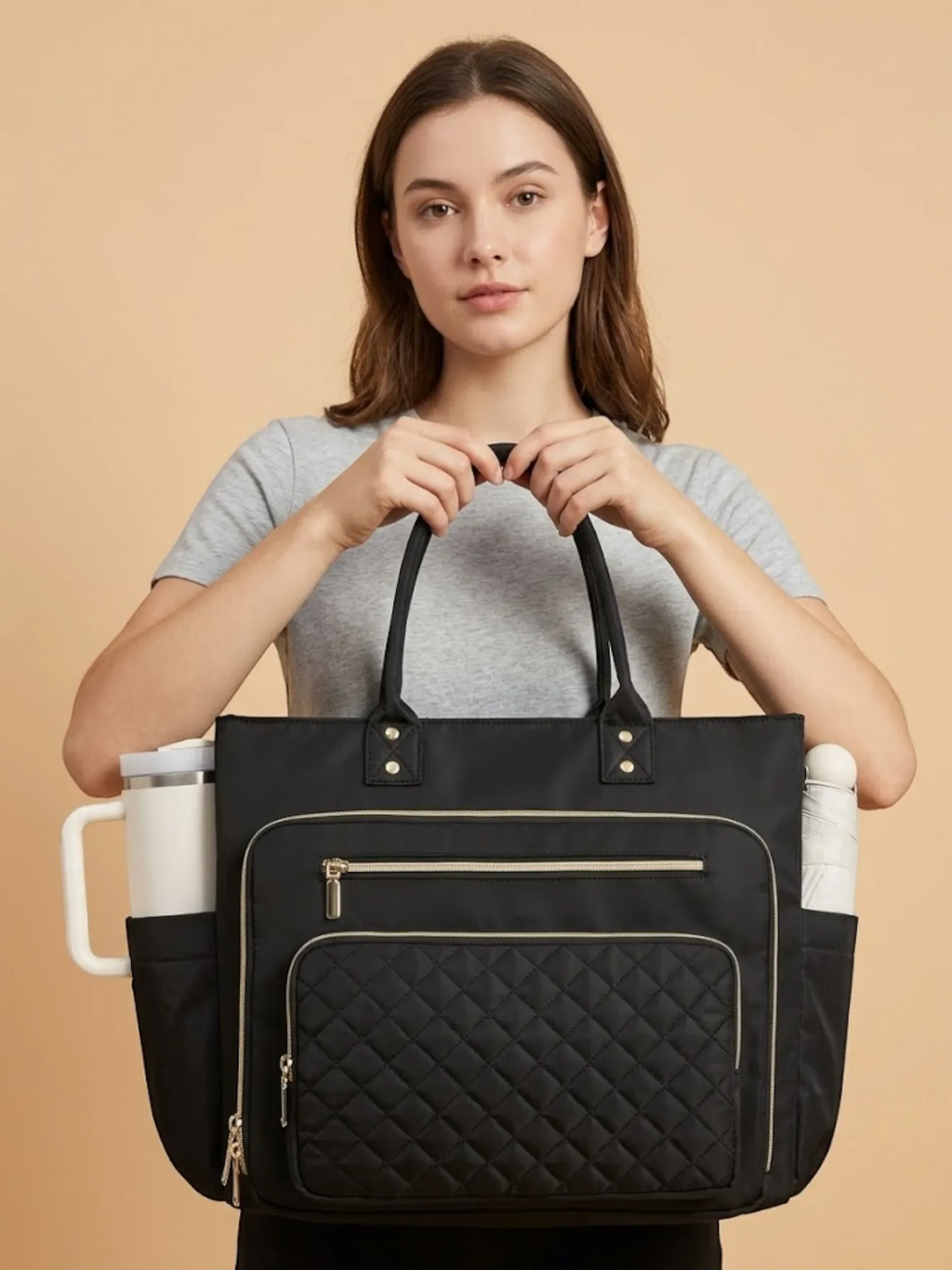 Sac cabas femme porte gourde ordinateur portable Noir / 16 pouces