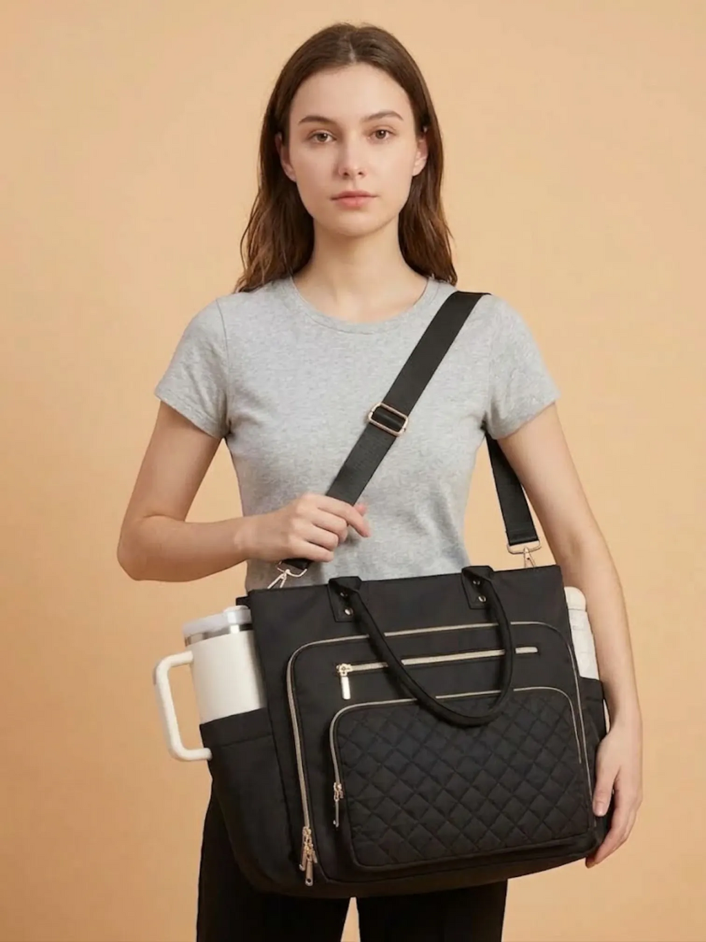 Sac cabas femme porte gourde ordinateur portable Noir / 16 pouces