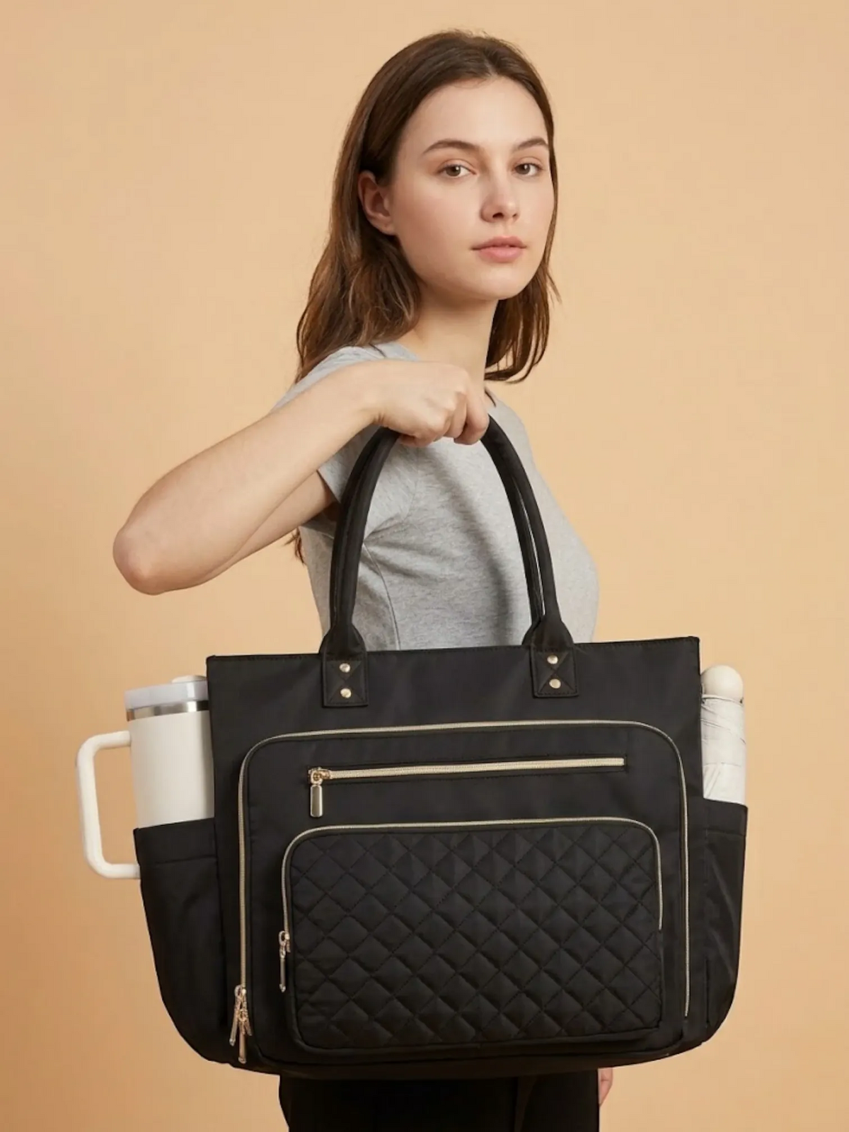 Sac cabas femme porte gourde ordinateur portable Noir / 16 pouces