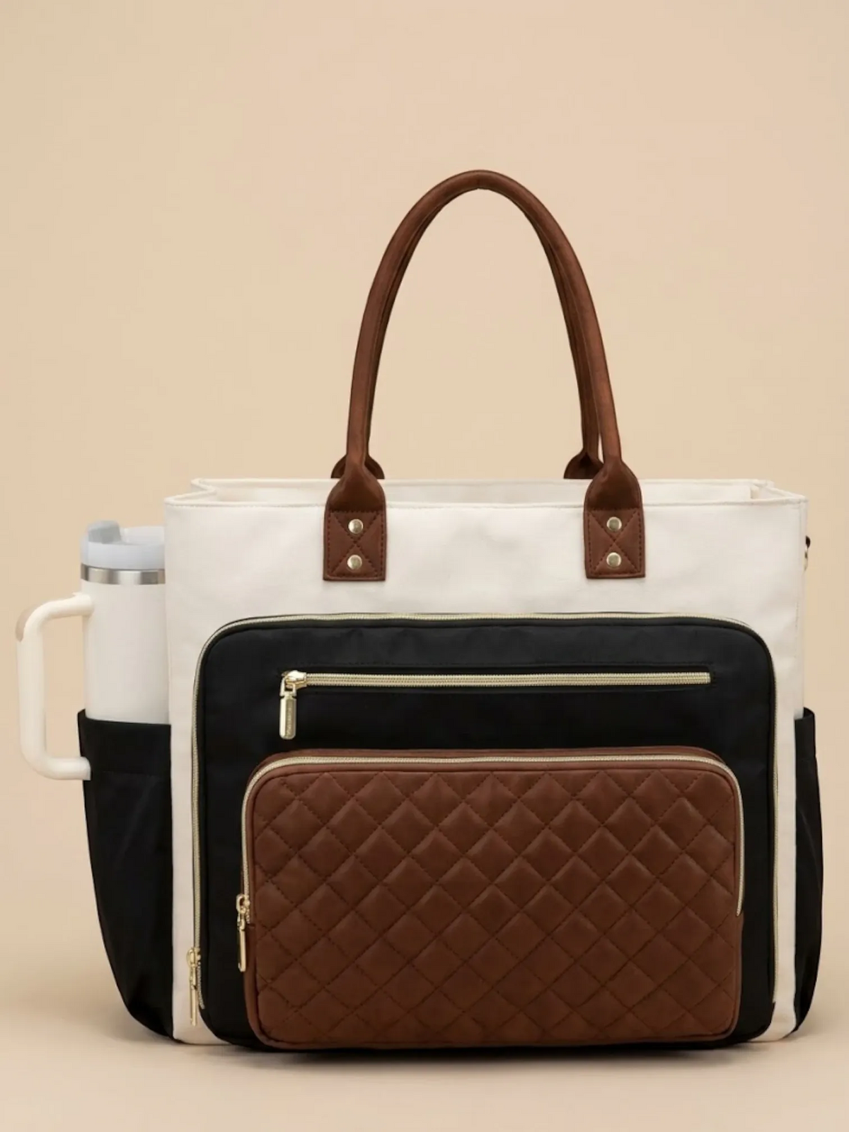 Sac cabas femme porte gourde ordinateur portable Beige & Marron / 16 pouces