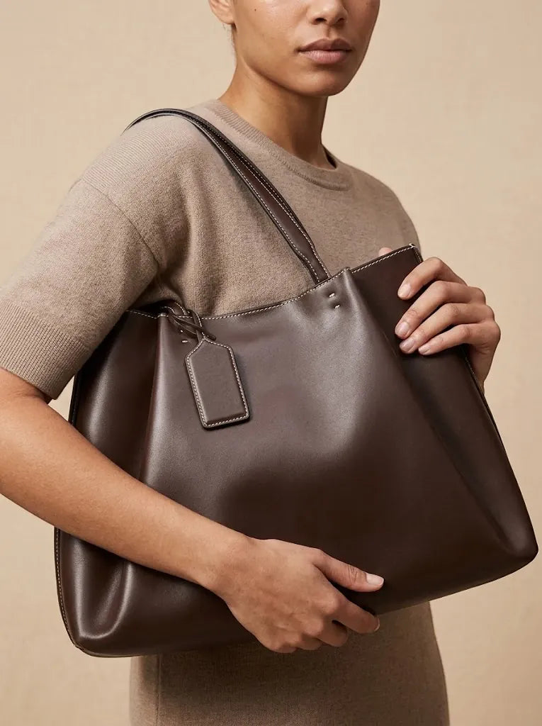 Sac Cabas Similicuir Surpiqûres Contrastées Femme Marron