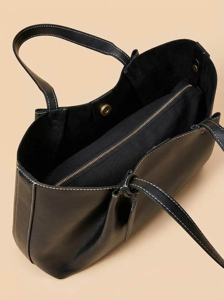 Sac Cabas Similicuir Surpiqûres Contrastées Femme Noir
