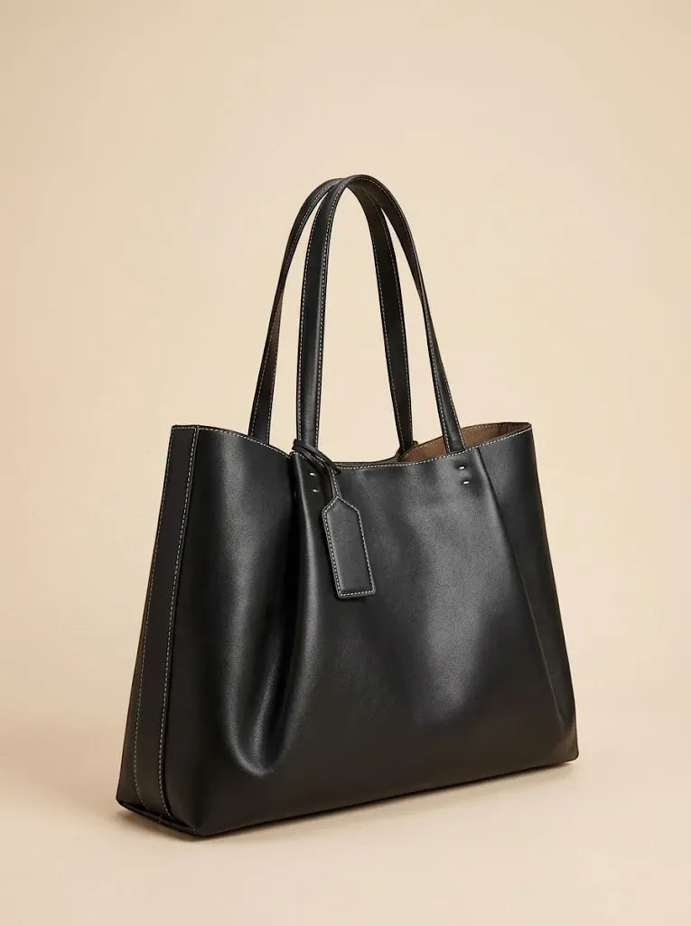 Sac Cabas Similicuir Surpiqûres Contrastées Femme Noir
