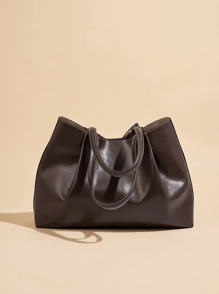Sac Cabas Similicuir Surpiqûres Contrastées Femme Marron
