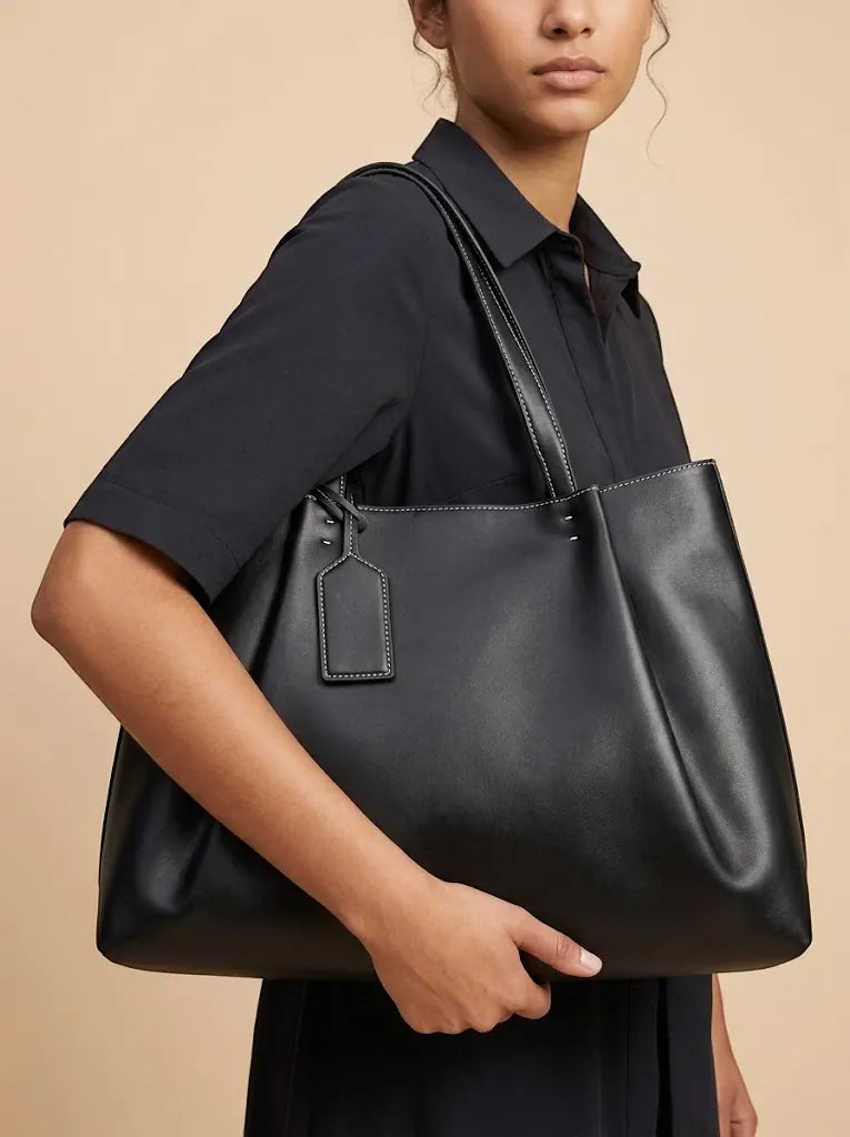 Sac Cabas Similicuir Surpiqûres Contrastées Femme Noir