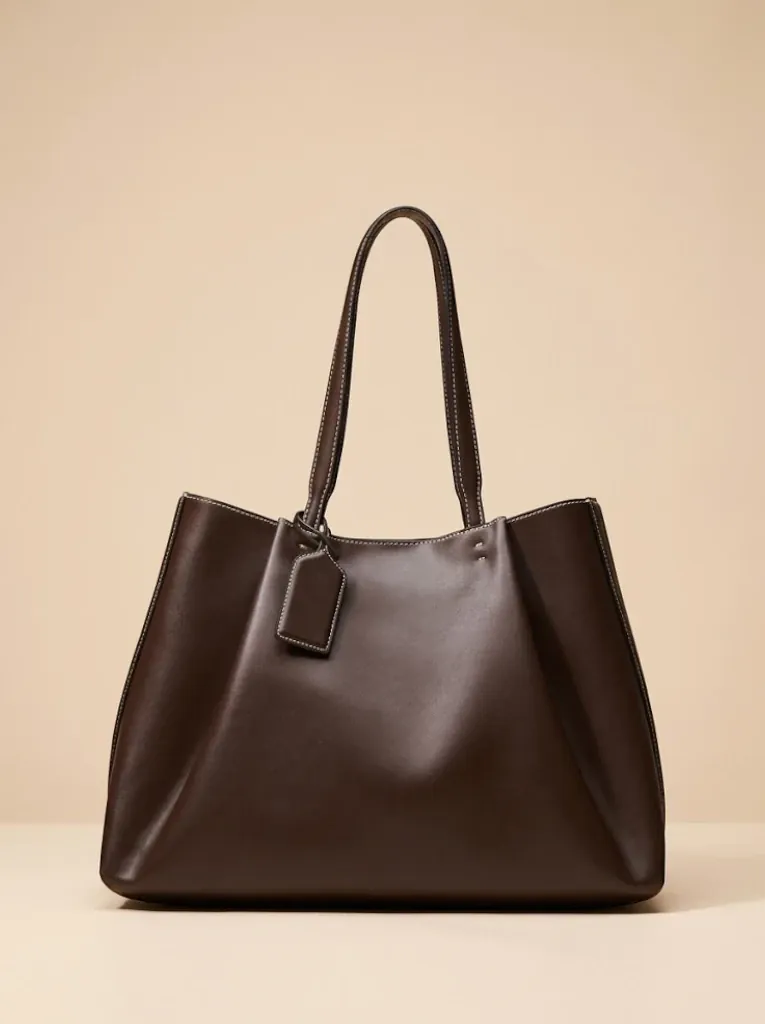 Sac Cabas Similicuir Surpiqûres Contrastées Femme Marron