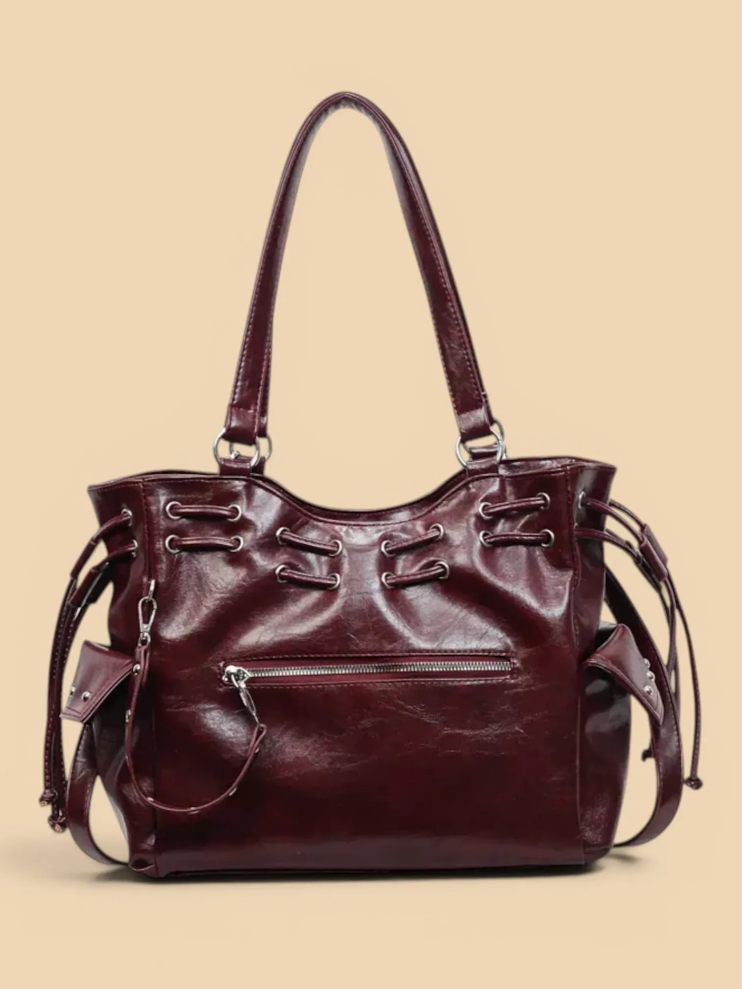Sac Cuir Vegan Lacets Œillets Style Rock Femme Acajou