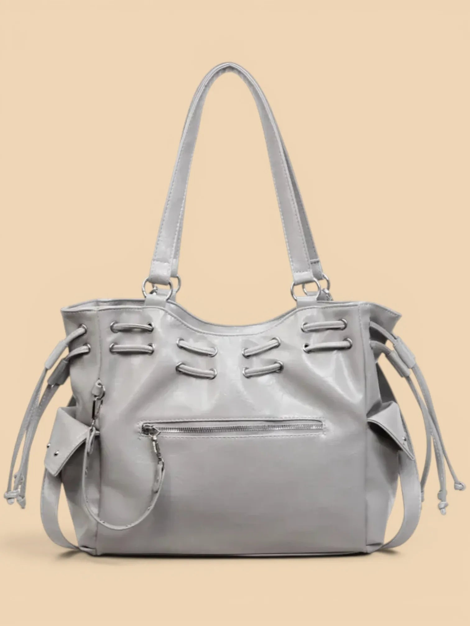 Sac Cuir Vegan Lacets Œillets Style Rock Femme Gris